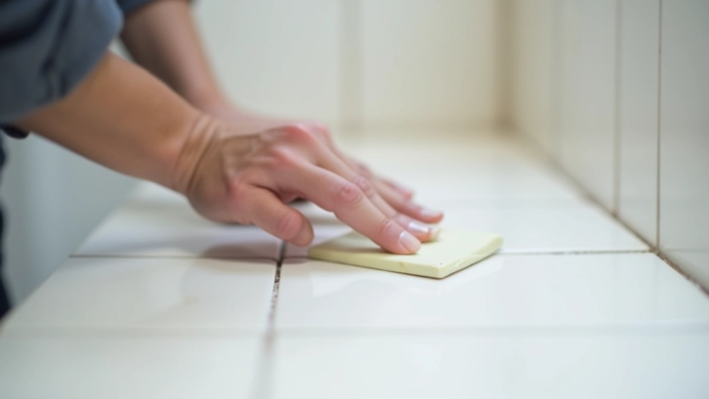 Worker applying grout to bathroom tiles using grout float held at proper angle during grouting process